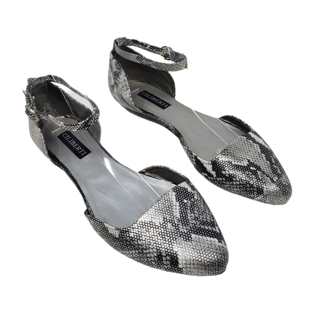 Ciliberti Flats Size‎ 39 US 8.5 Ankle Strap Snake Animal Print Black Silver Gray